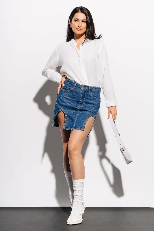 Trendy skirts with bold plaid patterns -Denim Cutout Mini Skirt