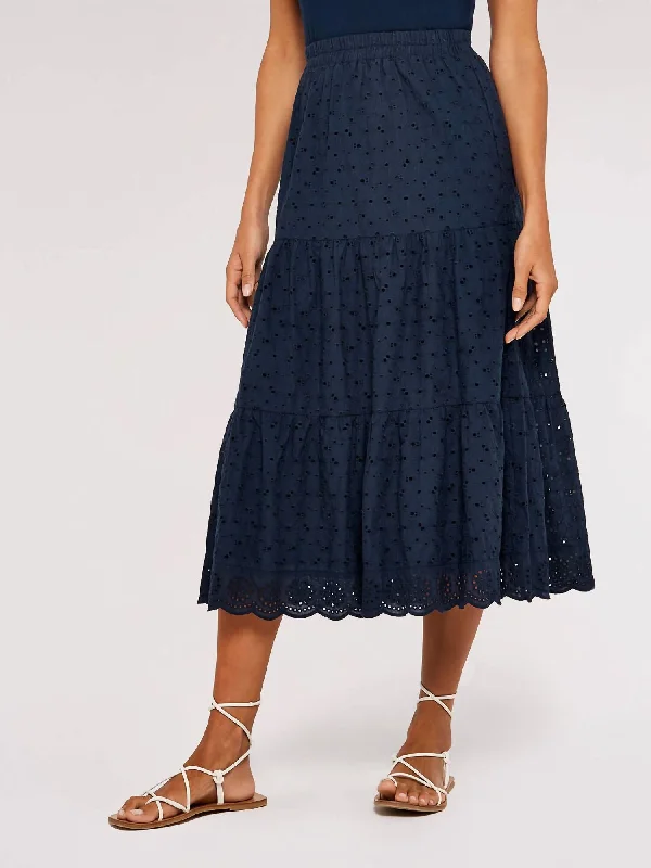 Black Short Skirts for Versatile -Broderie Tiered Midi Skirt In Navy