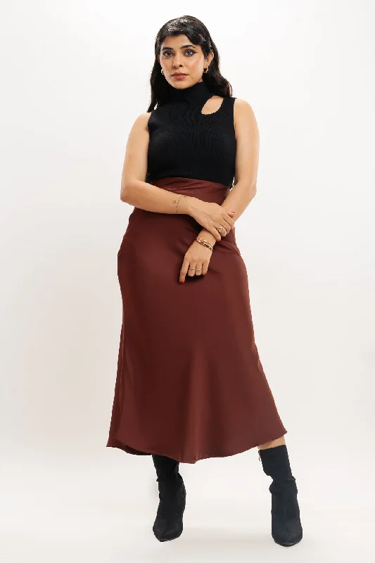 Soft cotton skirts for sensitive skin ease -Rust Brown Satin Long Skirt