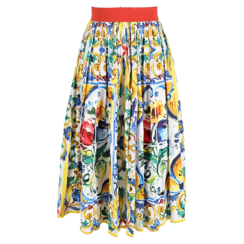 Vintage Long Skirts for Nostalgia -Dolce  & Gabbana Midi Pleated  Majolica Print Skirt in Multicolor in Cotton