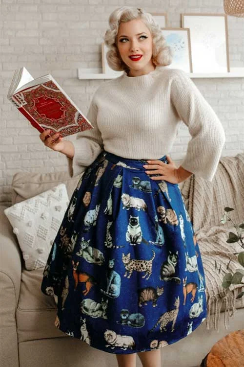 Ruffled midi skirts for delicate feminine touch -Dolly & Dotty Carolyn Box Pleat Skirt in Blue Cat Print