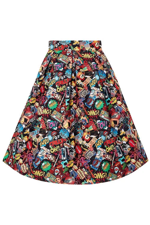 Ruffled midi skirts for delicate feminine touch -Dolly & Dotty Carolyn Box Pleat Skirt in Black Comic Pop Art Print