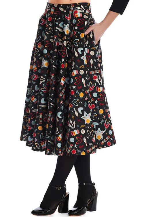 Lightweight skirts for warm weather comfort -Banned Let's Go Bowling Swing Skirt Retro Atomic Print