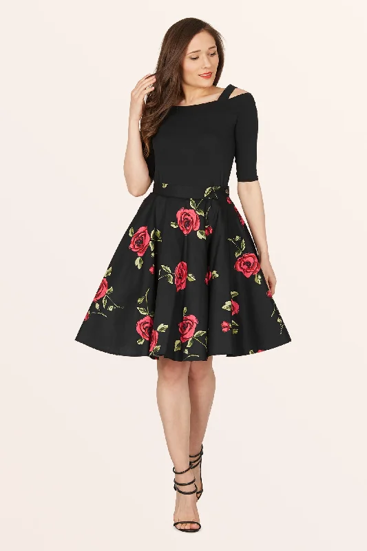 Trendy midi skirts for modern fashionistas -Vintage Floral Swing Skirt - Black Red Roses