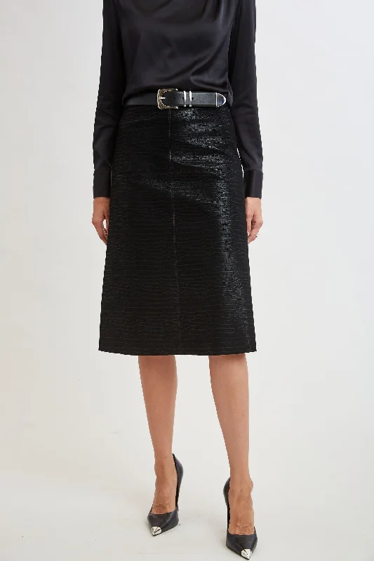 High-waisted skirts with button front detail -Croco Embossed Vegan Leather Midi Skirt