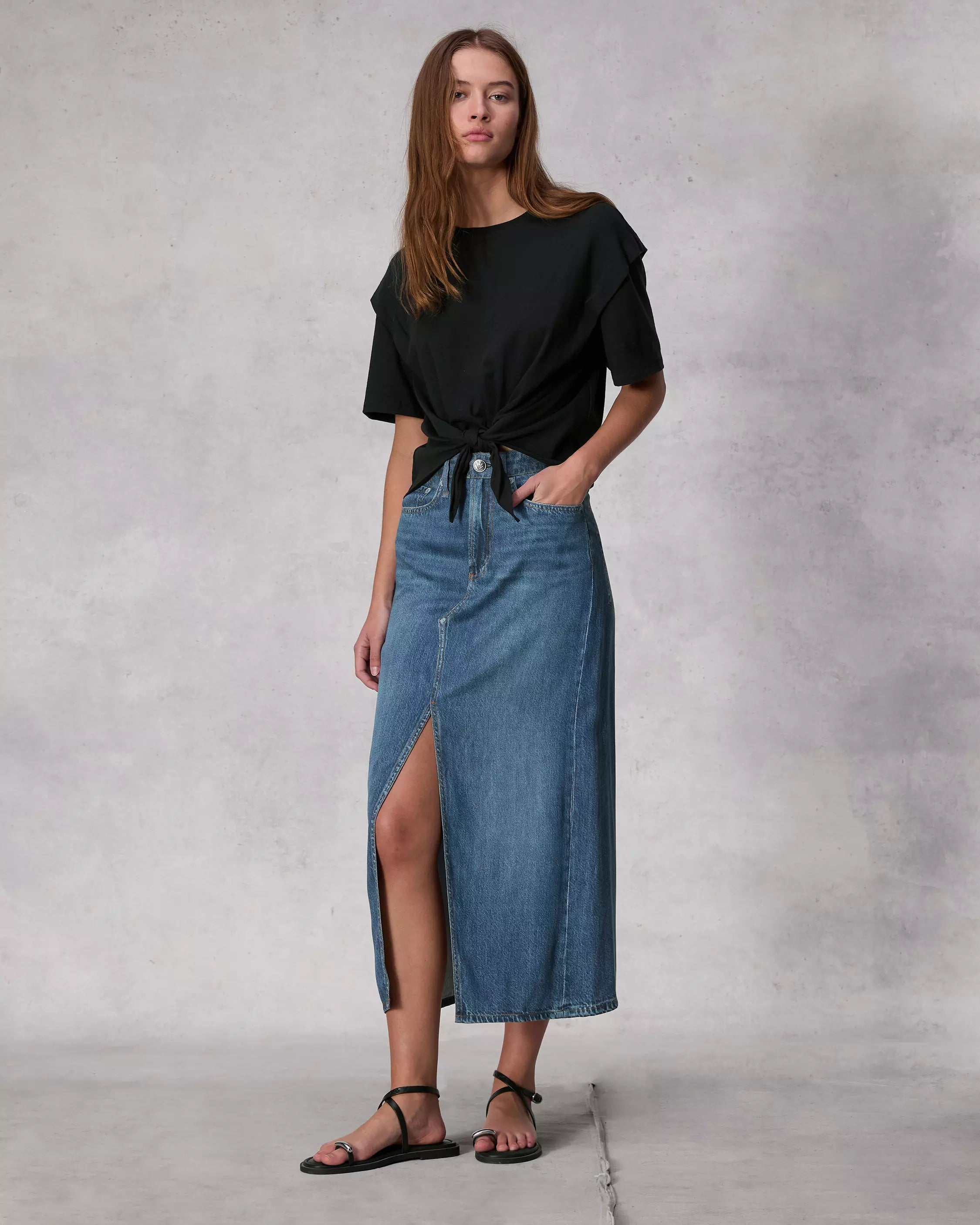 Ruffled skirts for feminine playful charm -R&B Liquid Miramar Clara Midi Skirt in Cameron