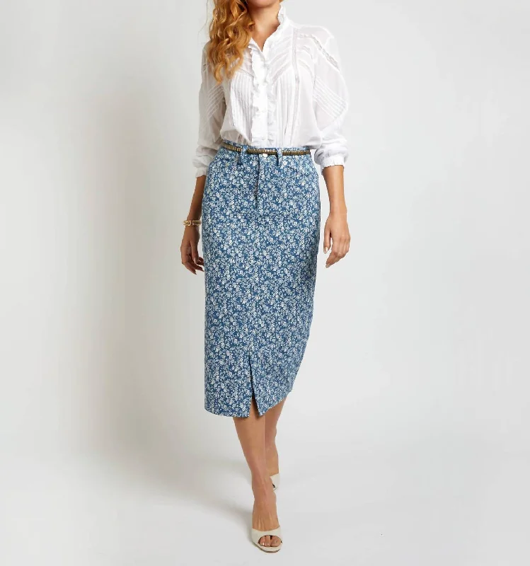 Long Skirts for Office Wear -The Leo Skirt In Signature Blue/white Fleur Print