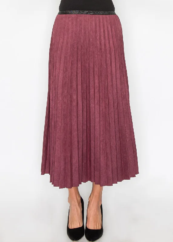 Leather Short Skirts for Edgy -Elegant Burgundy Suede Pleat Midi Skirt