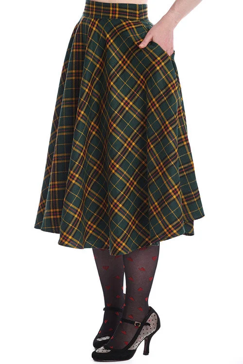 Patterned midi skirts for eye-catching style -Banned Highland Swing Skirt Green Mustard and Red Tartan