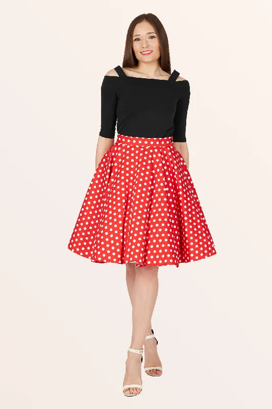 A-line midi skirts for balanced style -Vintage Polka Dot Swing Skirt - Red