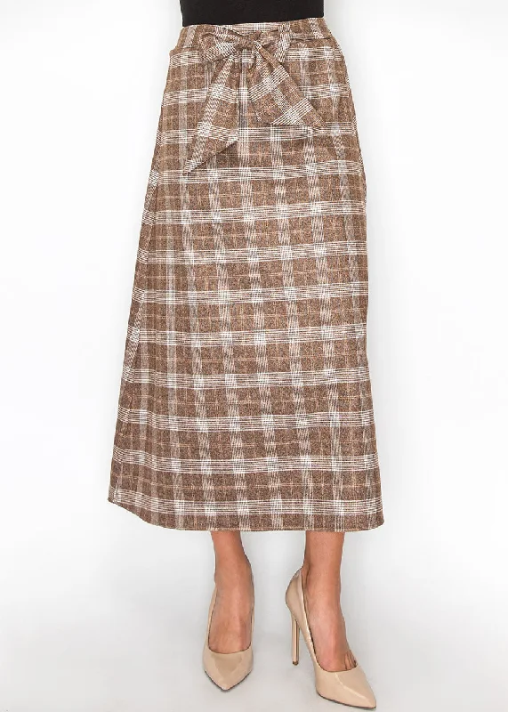 Floral Short Skirts for Romantic -Classic Brown Plaid Skirt with Tie Waist