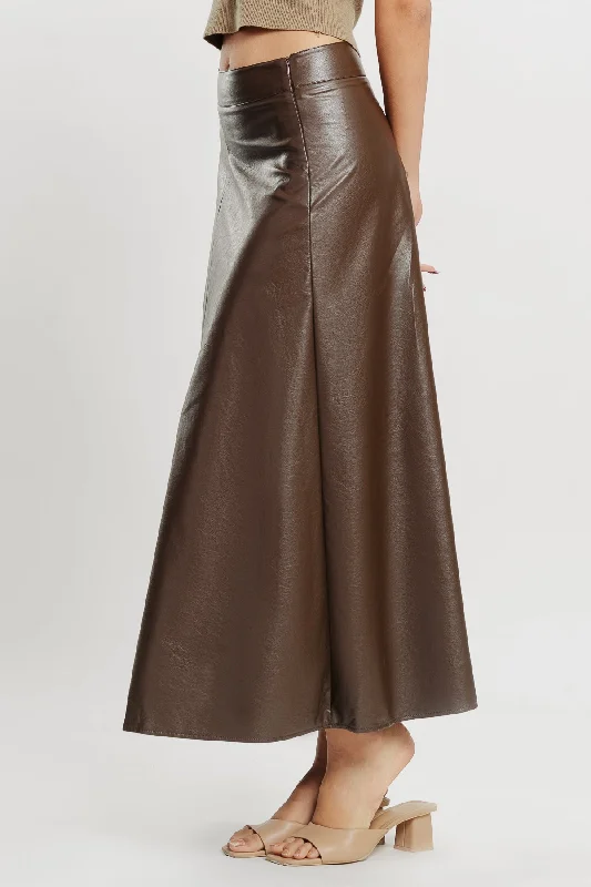 Durable skirts with reinforced seam strength -Brown Flared Leather Skirt