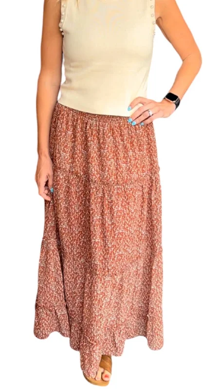 Cotton Long Skirts for Comfort -Mix Floral Maxi Skirt In Tan