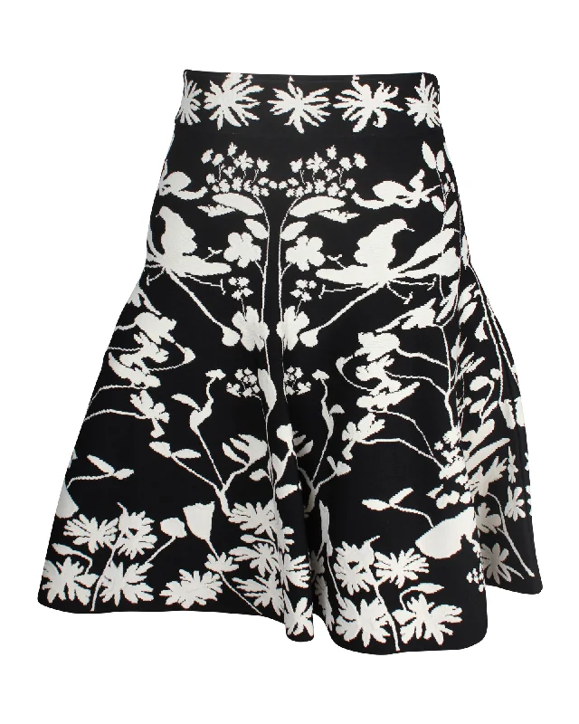 Long Skirts for Dinner Dates -Alexander McQueen Floral Jacquard-knit Flared Knee-length Skirt in Black Viscose