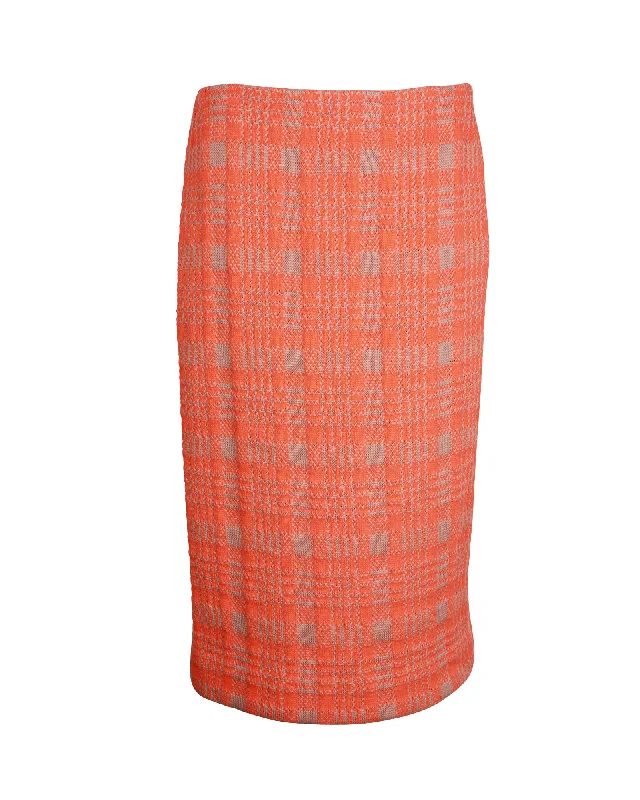 Short Skirts for Summer Days -Dries Van Noten Check Knee-Length Skirt in Orange Polyamide Wool