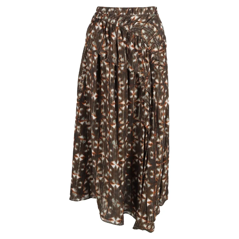 Wool Short Skirts for Warmth -Ulla Johnson Midi Printed Ruffle Detail Skirt in Brown Polyester