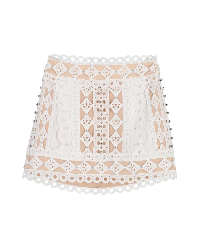 Black Long Skirts for Versatile -Zimmermann Moncur Studded Broderie Mini Skirt in White Cotton