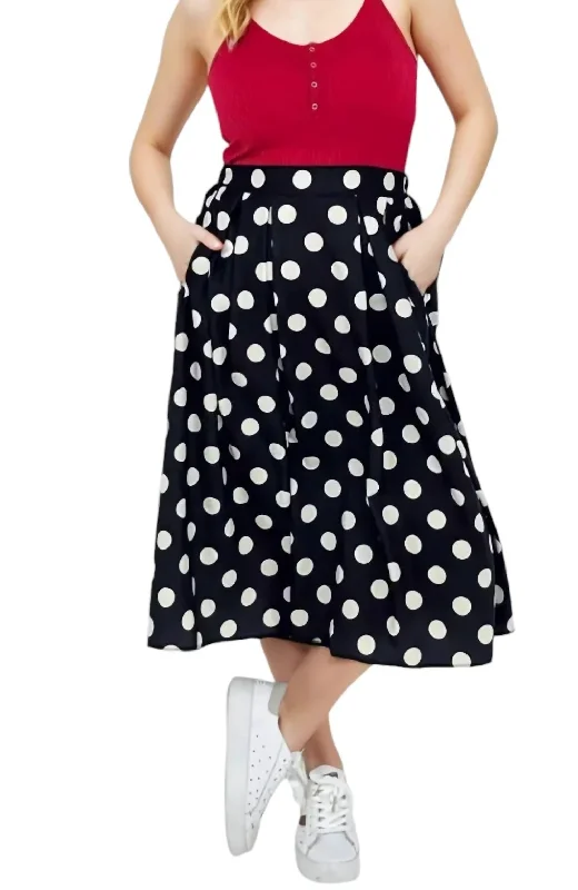 Layered Long Skirts for Volume -Polka Dot Pleated Midi Skirt In Black