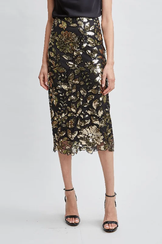 Luxury maxi skirts for dramatic flair -Floral Sequin Midi Skirt