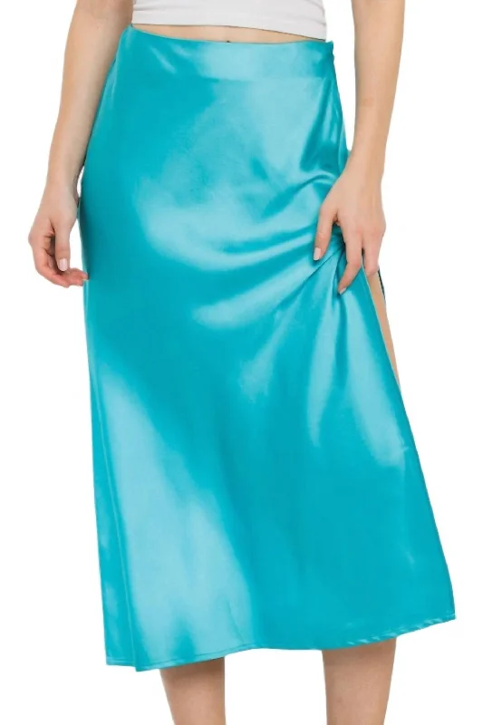 Beige Long Skirts for Neutral -Time Slipped Away Satin Midi Skirt In Turquoise