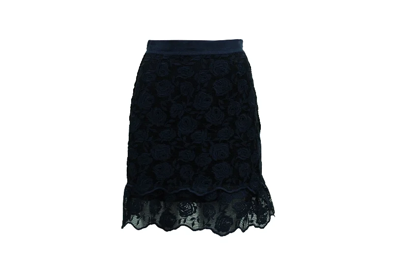 Long Skirts for Garden Parties -Sandro Dee Rose Pattern Lace Skirt in Navy Blue Polyester