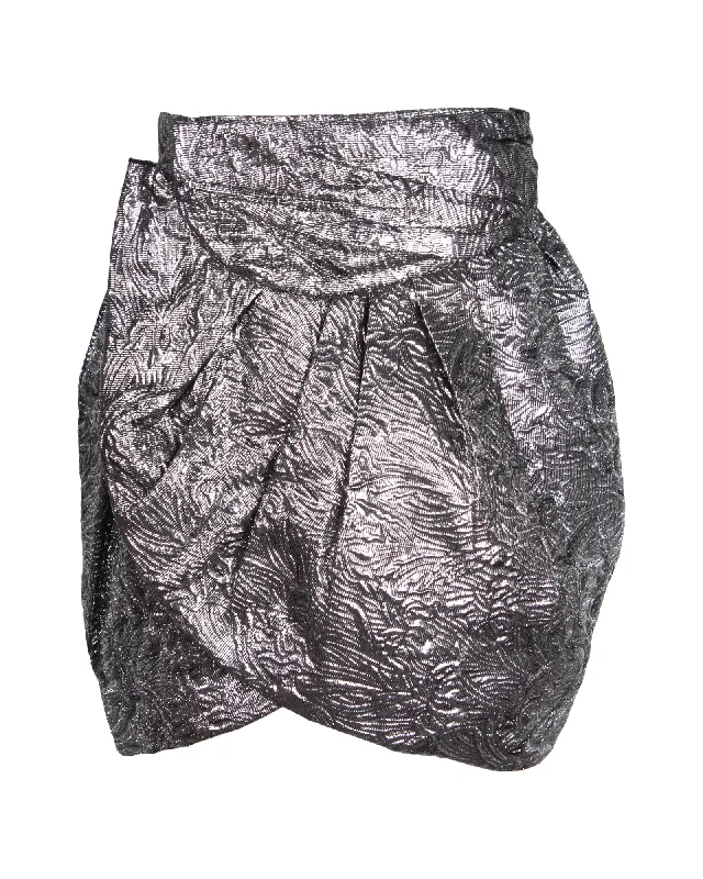 Wool Long Skirts for Warmth -Isabel Marant Brocade Metallic Wrap Mini Skirt in Silver Wool Blend