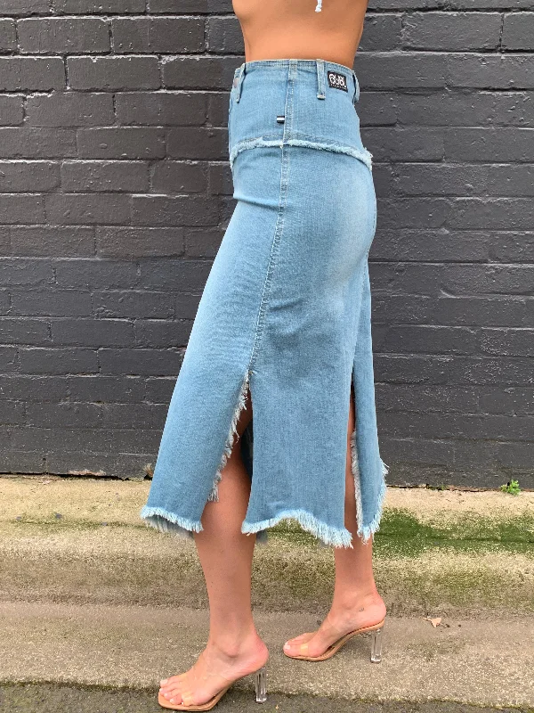 Lightweight cotton skirts for summer ease -Fray Today Maxi Skirt. Soft Blue.