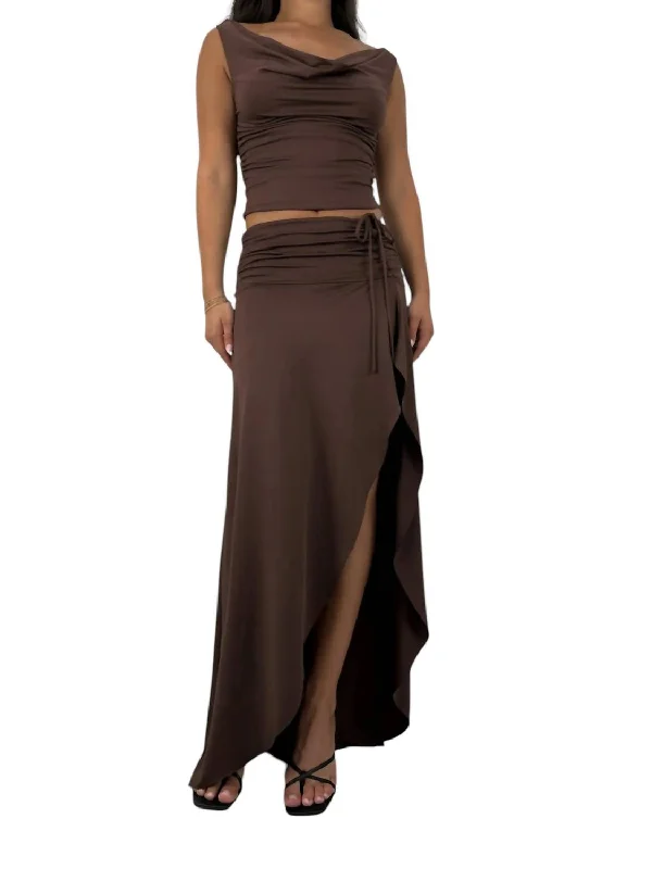 Long Skirts for Beach Vacations -Asymmetrical Ruched Midi Skirt In Brown