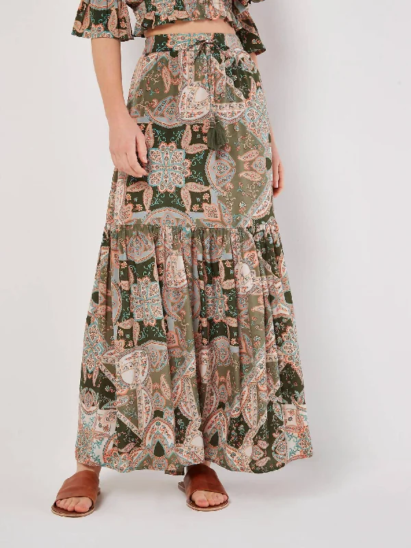 Long Skirts for Resort Wear -Boho Paisley Tiered Skirt In Multi