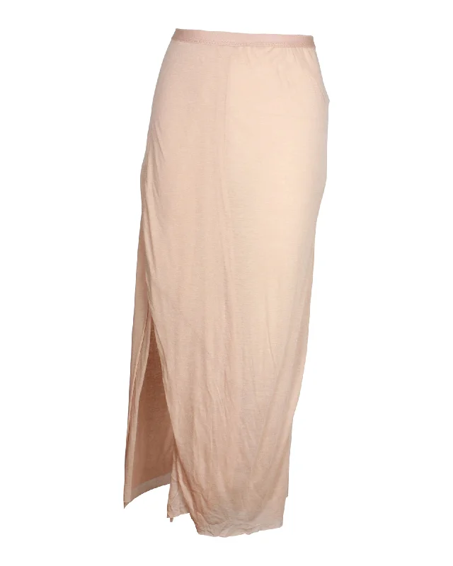 Linen Long Skirts for Breathable -Rick Owens Side Slit Midi Skirt in Nude Viscose