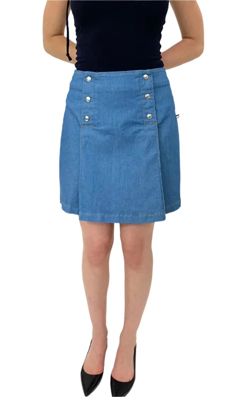 Affordable skirts with basic solid colors -A Line. Double Breasted Skirt. Stretch Denim. Cornflower Blue