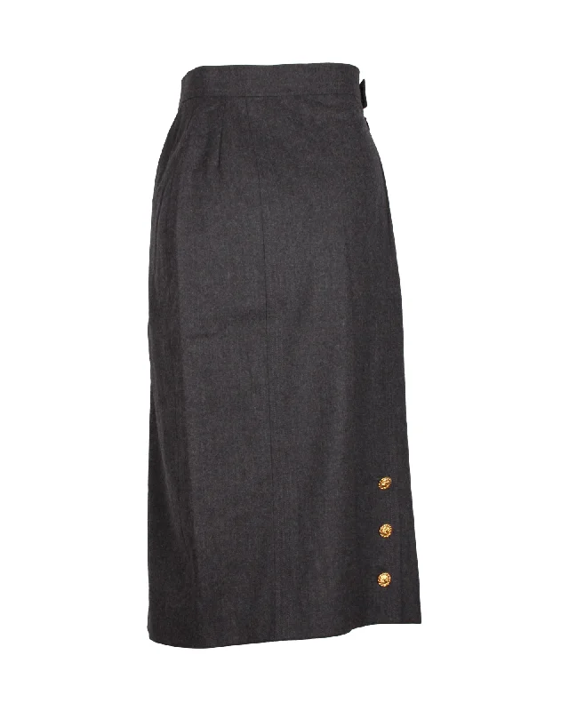 Denim Short Skirts for Trendy -Chanel Gold Button Midi Skirt in Grey Wool