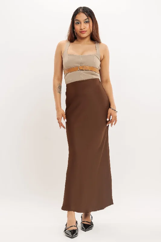 Wrap skirts for adjustable stylish fit -Choco Brown Satin Long Skirt