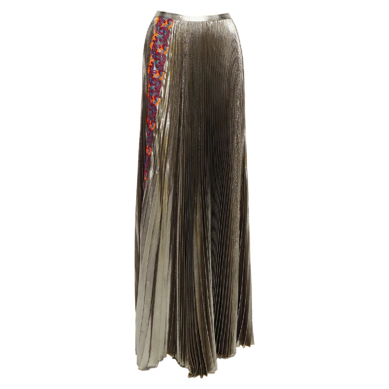 Long Skirts for Beach Vacations -Versace Metallic Silk-Lame Baroque Trim Pleated Full Skirt