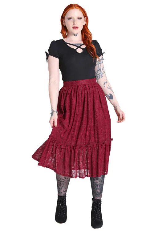 Cute pleated skirts for youthful school outfits -Hell Bunny Rhea Stretch Lace Burgundy Skirt