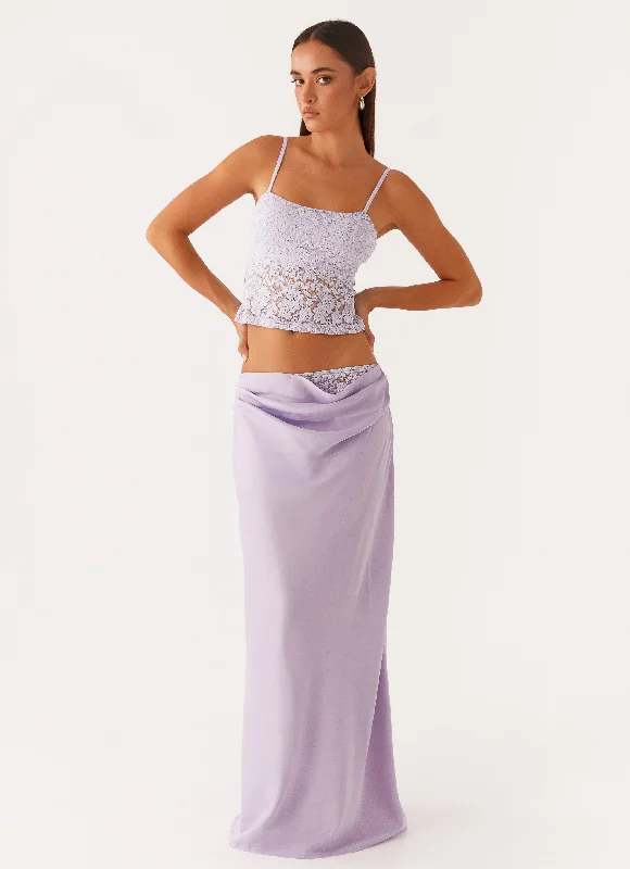 Purple Long Skirts for Royalty -Nancy Lace Satin Maxi Skirt - Lilac