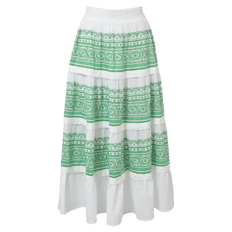 Modern Long Skirts for Trendy -Maje Tiered Embroidered Midi Skirt in White and Green Cotton