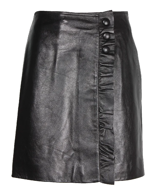 Abstract Short Skirts for Creative -Sandro Jolie Ruffle-Trimmed Skirt in Black Leather