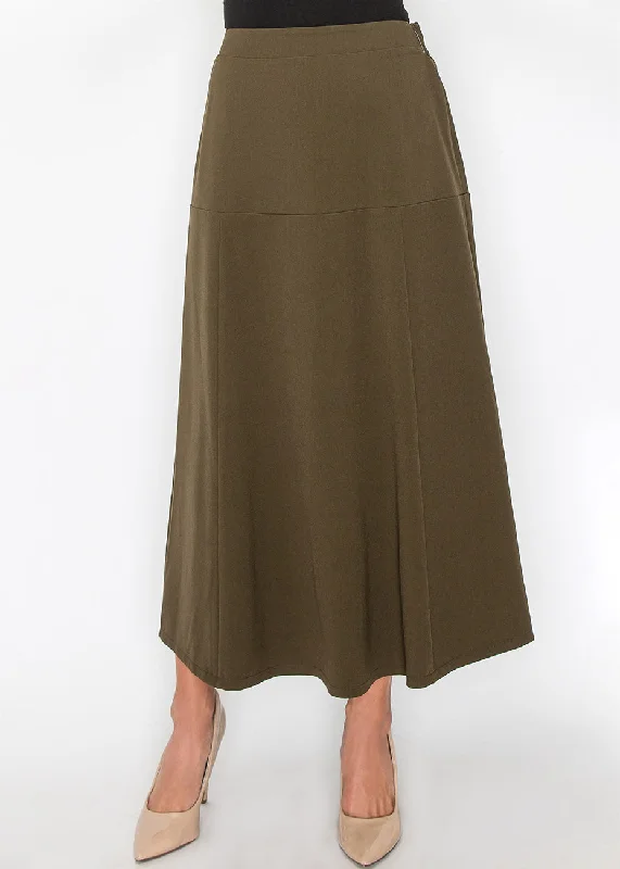 Long Skirts for Cultural Events -Olive Panel Midi Skirt