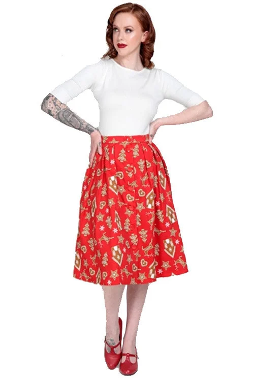 Bold skirts with vibrant tropical prints -Collectif Josualda Ginger Cookies Swing Skirt Christmas