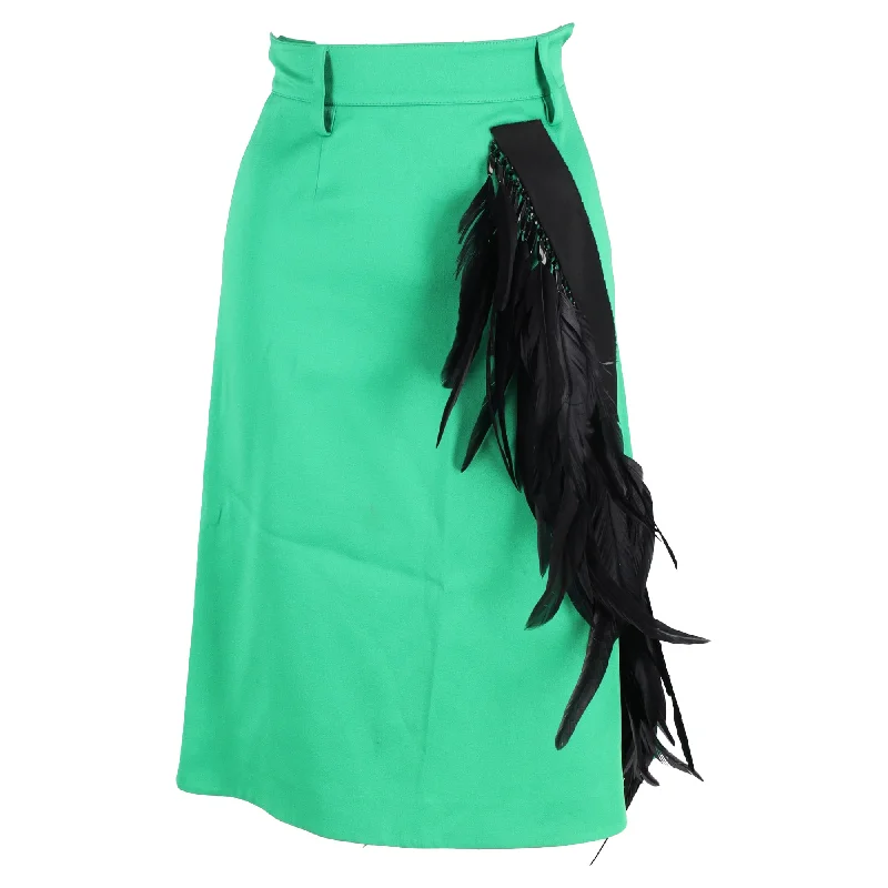 Hippie Long Skirts with Beads -Prada Feather-Trimmed Knee-Length A-Line Skirt in Green Wool