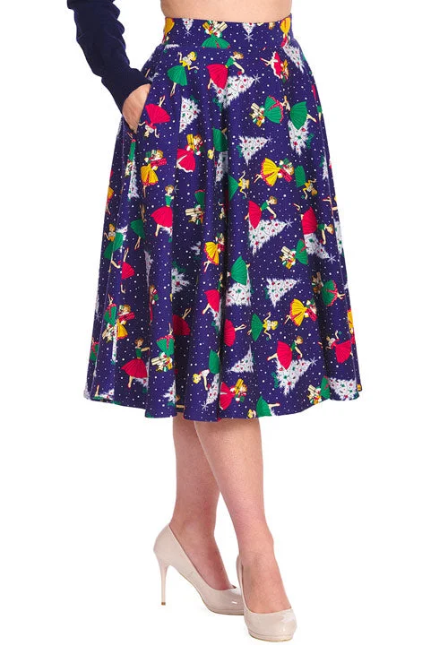 Luxury skirts with intricate embroidery accents -Banned Vintage Christmas Swing Skirt with Pockets