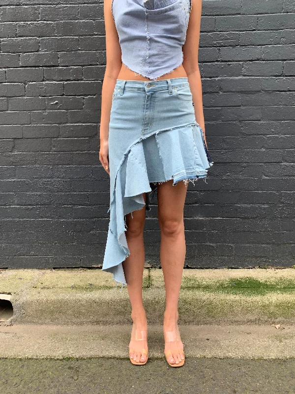 Trendy midi skirts for modern fashionistas -Denim Upcycled, Ruffle Maxi Skirt. Mixed Blue