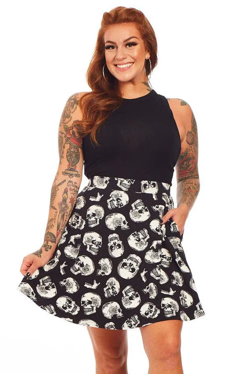 Luxury skirts with shimmering sequin details -Sourpuss Skater Skirt in Skull Duggery Print