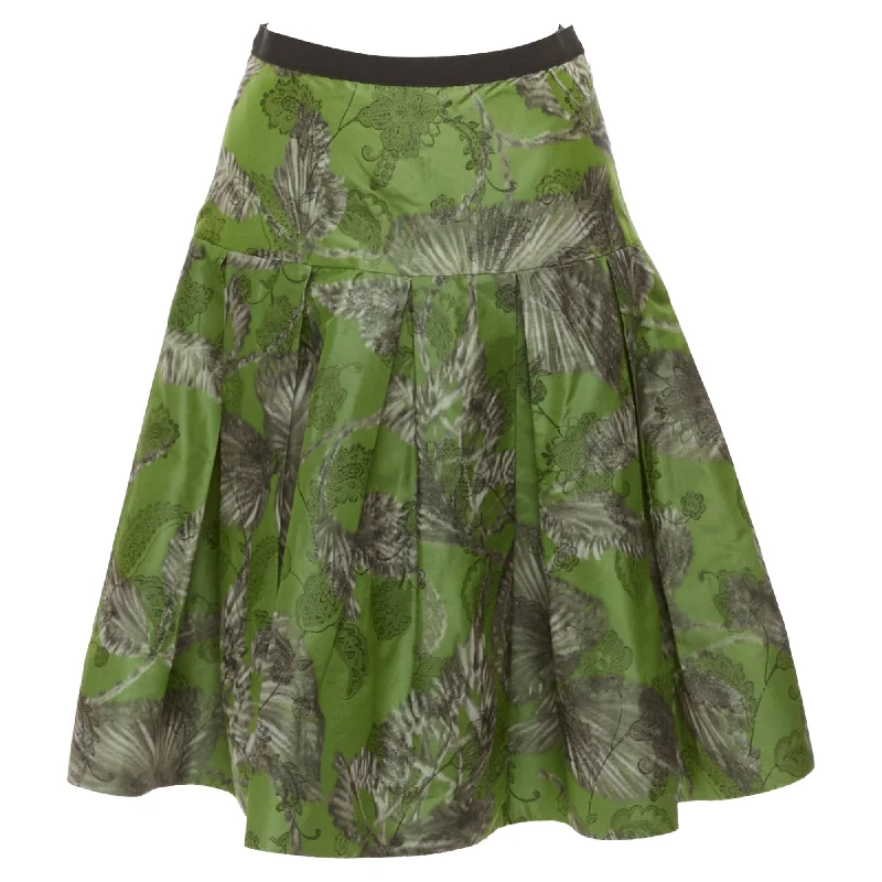 Long Skirts for Business Meeting -Oscar De La Renta Lurex Floral Brocade Fitted Flared Midi Skirt