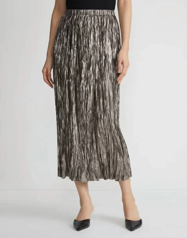 Long Skirts for Evening Galas -Metallic Plissé Midi Skirt In Pewter Metallic