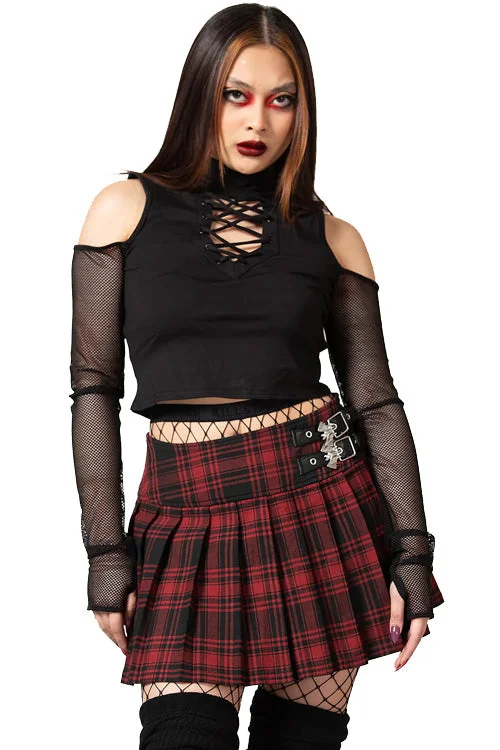 Casual skirts for effortless everyday wear -Killstar Bat Girl Skirt Red Tartan with Statement Buckles