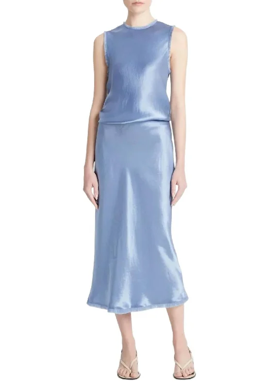 Long Skirts for Garden Parties -Satin Frayed Edge Bias Skirt In Azure Gem