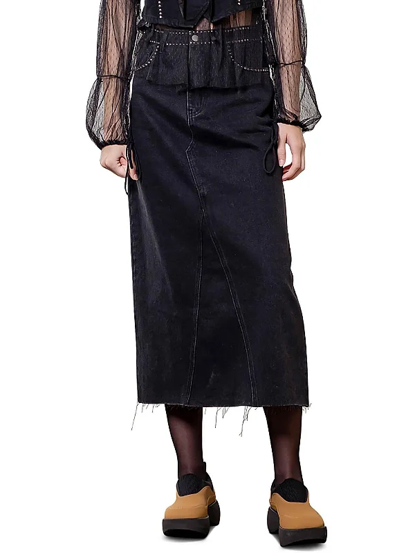 Spandex Long Skirts for Fit -Womens Studded Denim Midi Skirt