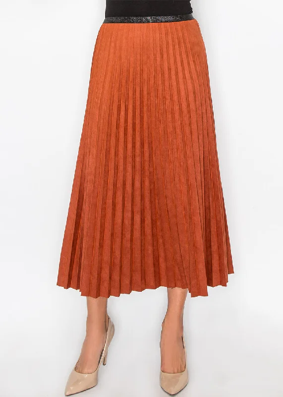 Printed Short Skirts with Patterns -Rust Suede Midi Skirt with Pleats